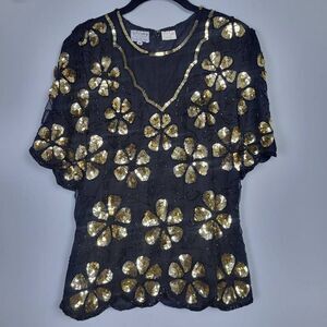 VTG Stenay Womens Silk Sequin Top Size Medium Black Gold Floral Beaded Swiftie